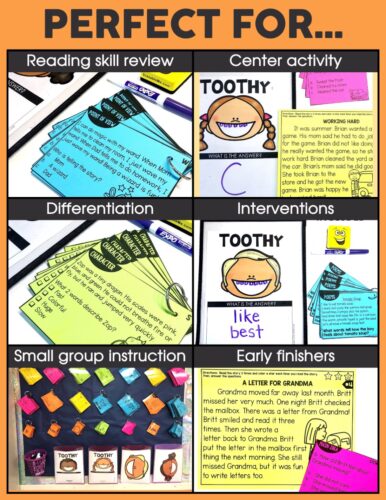 Colorful educational posters and activity sheets for early childhood learning, focusing on reading skills, differentiation, interventions, and small group instruction for preschool and kindergarten s.
