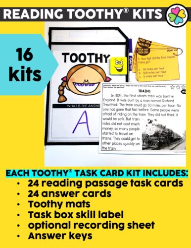 Reading Toothy Kits for early learners, includes 16 engaging kits with reading passages, answer cards, toofy mats, skill labels, and recording sheets to enhance reading skills and comprehension.
