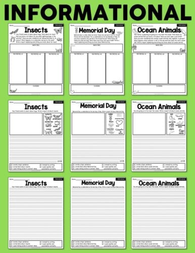 Insect, Memorial Day, and Ocean Animals themed educational worksheets for early learners, featuring engaging activities and illustrations to enhance classroom learning and student engagement.