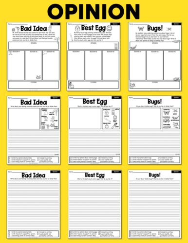 Bad Idea, Best Egg, and Bugs! opinion worksheet pages for kids, featuring colorful illustrations and spaces for writing opinions, designed for classroom activities and educational fun.