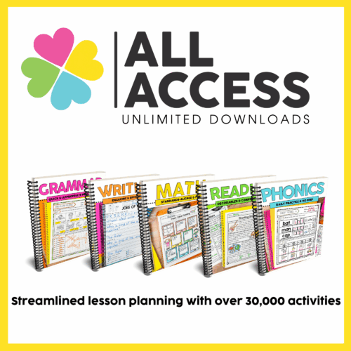 Bright colorful learning activity books for elementary education, including reading, writing, math, phonics, and grammar resources for teachers and parents.