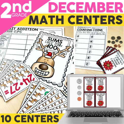 Ten December themed 2nd grade math centers