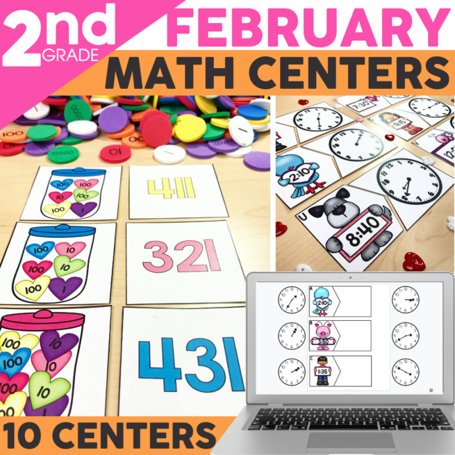 Ten February themed 2nd grade math centers