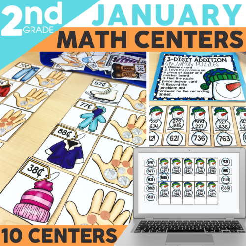 Ten January themed 2nd grade math centers