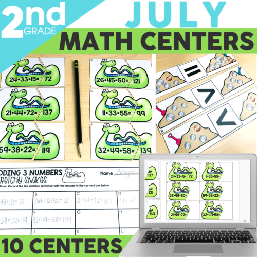 Ten July themed 2nd grade math centers