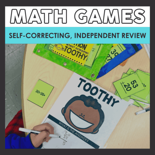 A colorful educational image showing Math Toothy® Bundle materials for 1st and 2nd grade, including self-correcting math games and review tools for young learners.