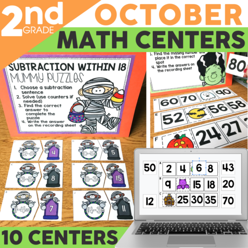 Ten October themed 1st grade math centers