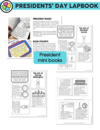The image shows a Presidents' Day lapbook activity from Lucky Little Learners, featuring mini books about Abraham Lincoln and George Washington, with printable pages and educational content.