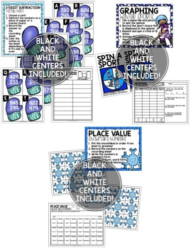 A collection of educational worksheets and activities from Lucky Little Learners, featuring black and white centers, graphing, place value, and subtraction exercises for engaging student learning.