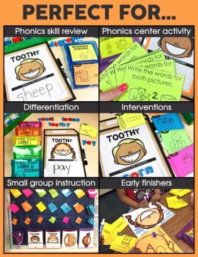 Images showing phonics toothy task cards in action