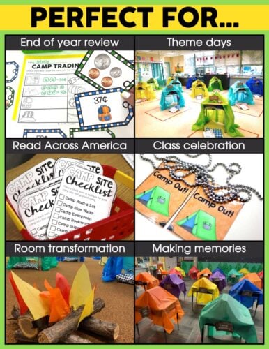 Photos showing different resources included in the camping classroom transformation.
