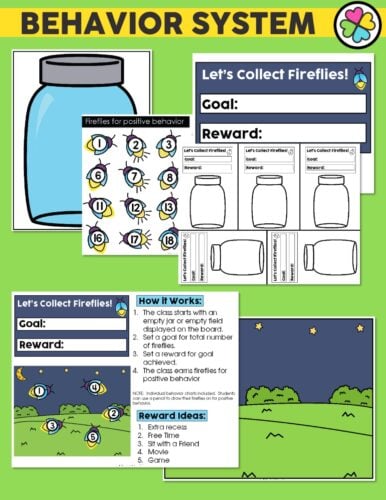 A colorful behavior system poster featuring a jar for collecting fireflies, goal and reward sections, and activity ideas to encourage positive behavior in children, with engaging illustrations and in.