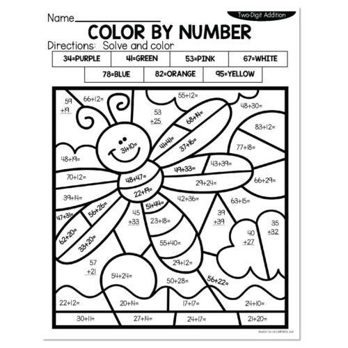 2-Digit Addition Summer Color by Number - Dragonfly - Lucky Little Learners