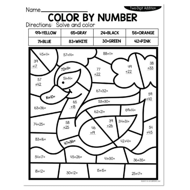 2-Digit Addition Summer Color by Number - Swan
