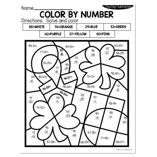 2-Digit Subtraction Spring Color by Number - Lucky Symbols - Lucky ...