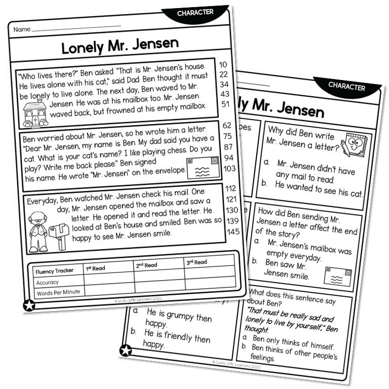 2nd Grade Character Reading Passage - Lonely Mr. Jensen - Below - Lucky ...