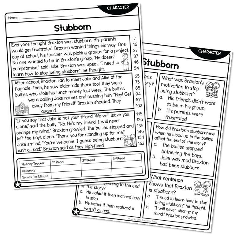 2nd Grade Character Reading Passage - Stubborn - Below - Lucky Little ...