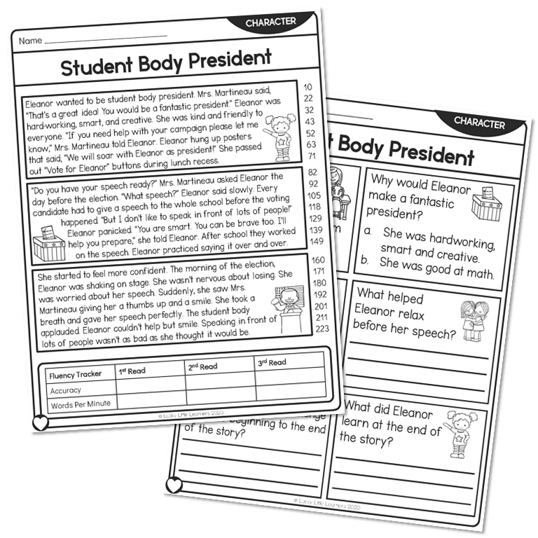 2nd Grade Character Reading Passage - Student Body President - At ...