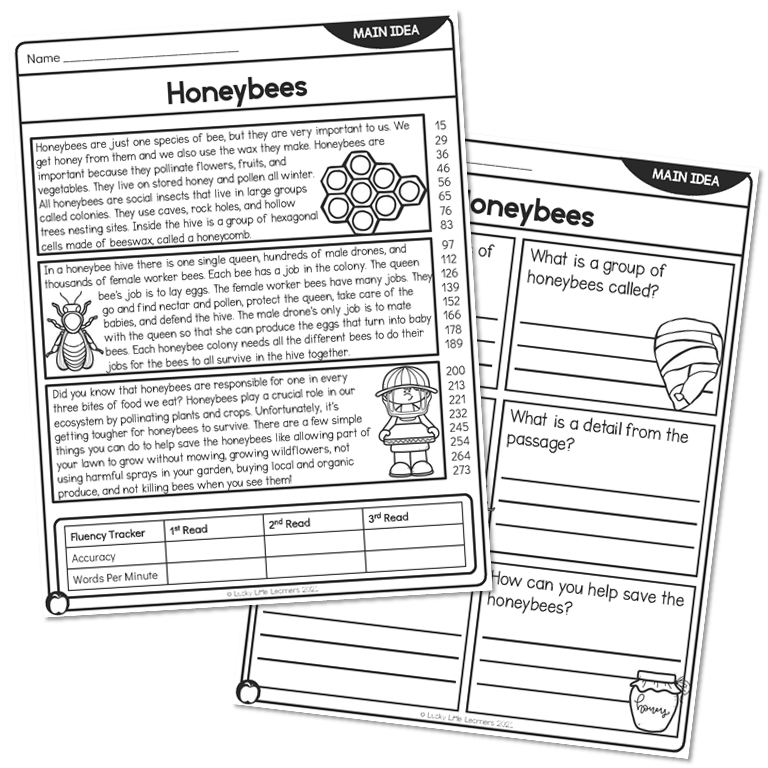 2nd Grade Main Idea Reading Passage - Honeybees - Above - Lucky Little Learners