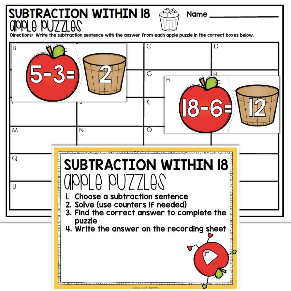 2nd Grade September Math Center - Subtraction Within 18 - Lucky Little ...