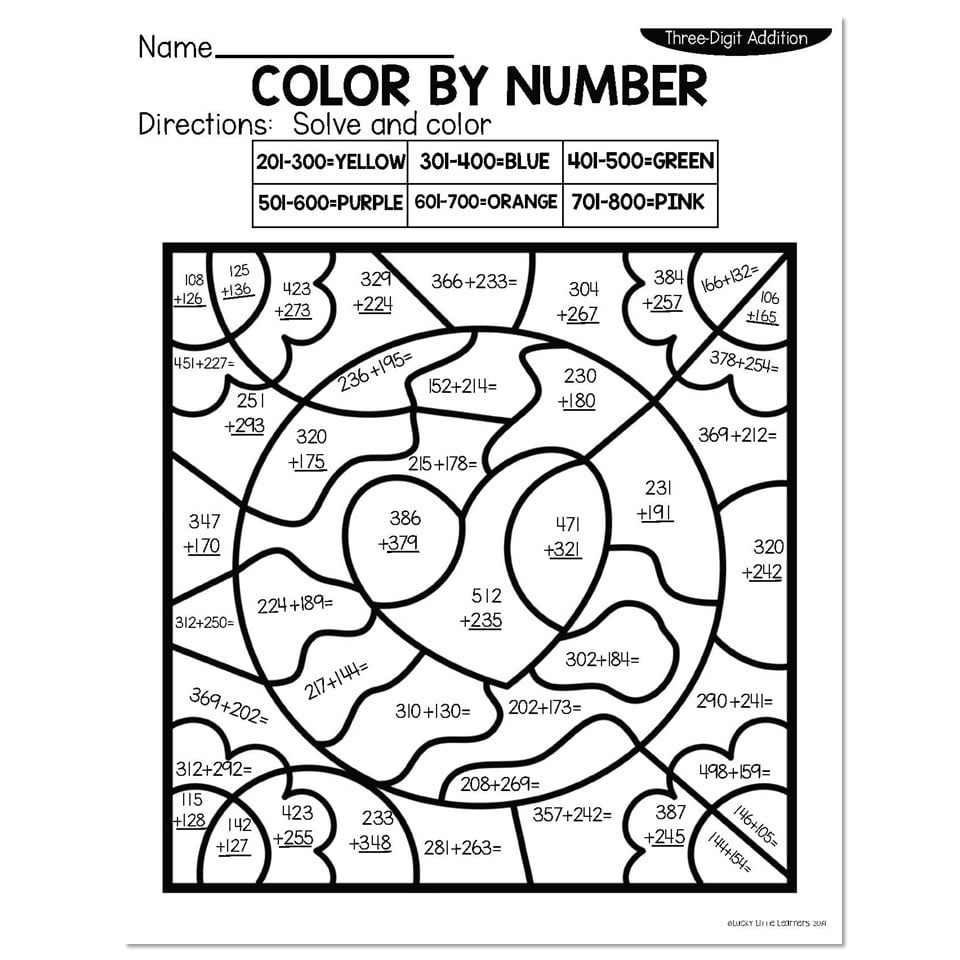 3-Digit Addition Spring Color by Number - Earth - Lucky Little Learners