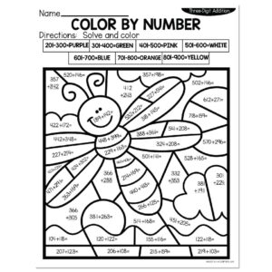 3-Digit Addition Summer Color by Number - Dragonfly - Lucky Little Learners