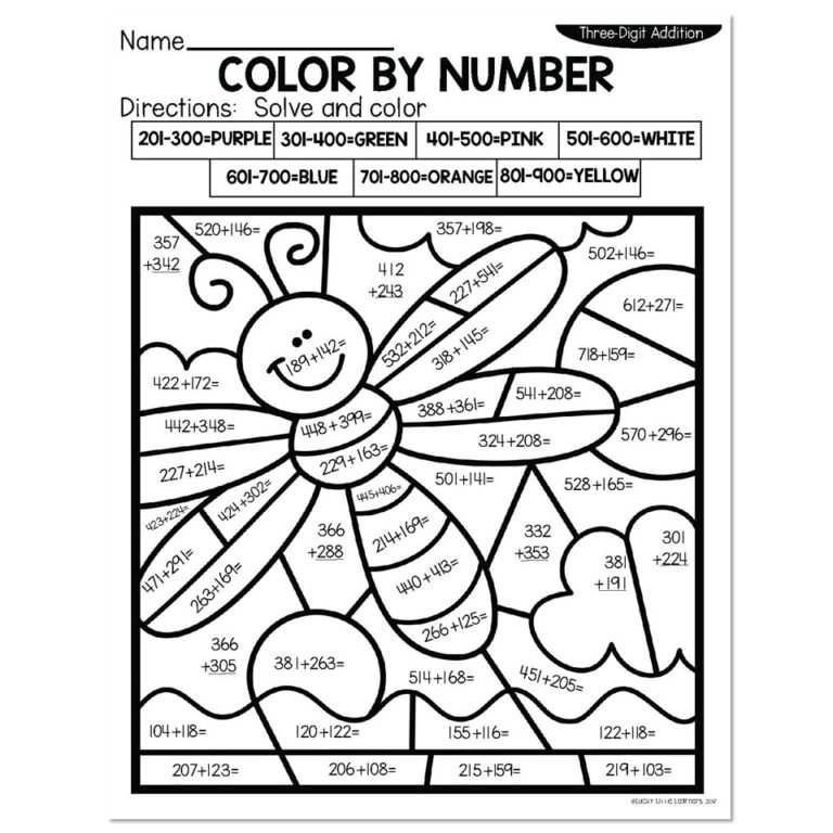 3-Digit Addition Summer Color by Number - Dragonfly - Lucky Little Learners