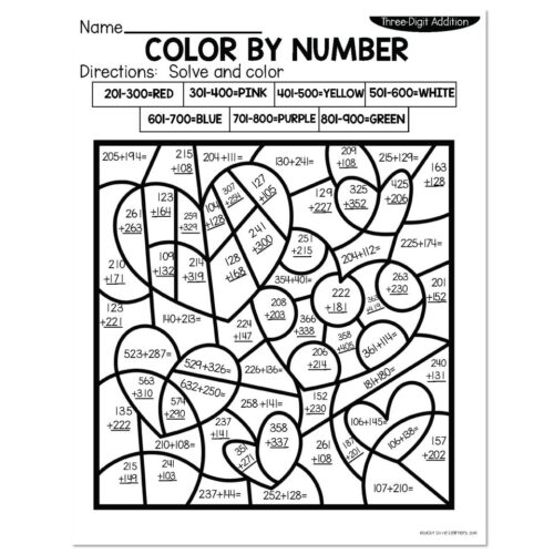 Three-Digit Addition Color by Number worksheet with solve-and-color math problems and a color key organized by answer ranges from 201-600 in red, pink, yellow, white, blue, purple, and green