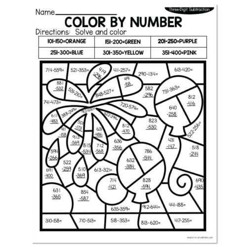 3-Digit Subtraction Winter Color by Number - Firework & Balloons