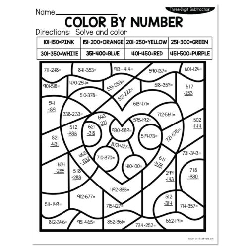 Color by number worksheet for three-digit subtraction, featuring a heart design with labeled sections containing subtraction problems to solve and color according to answer key