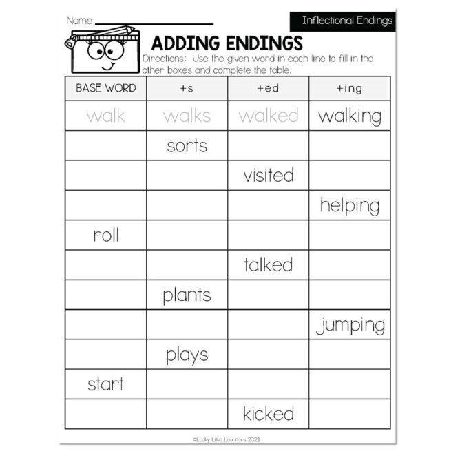 Fall Early Finishers 2nd Grade ELA Inflectional Endings Adding