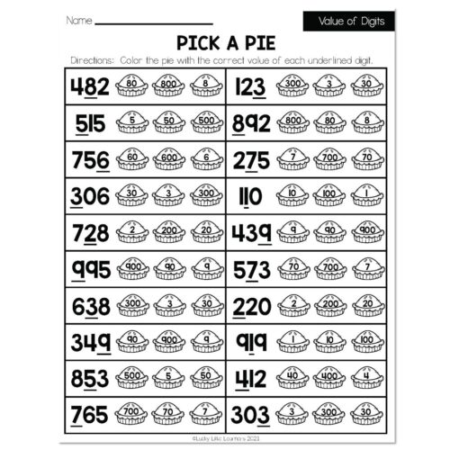Fall - Early Finishers 2nd Grade - Math - Value of Digits - Pick a Pie ...