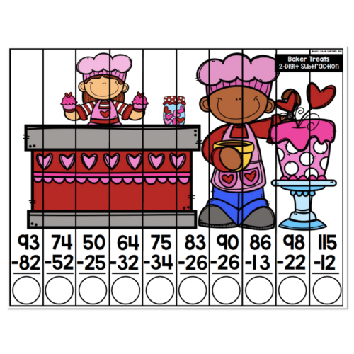 Baker Treats 2-Digit Subtraction math puzzle worksheet with ten subtraction problems and answer circles, featuring baker and cupcake illustrations