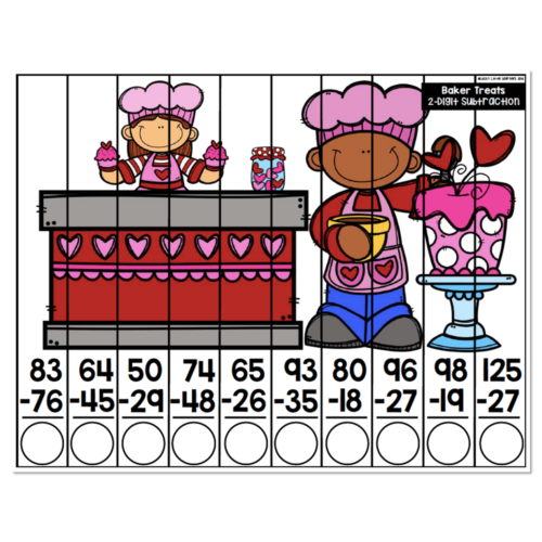 Baker Treats 2-Digit Subtraction math puzzle worksheet with ten two-digit subtraction problems featuring cartoon bakers and cupcakes, with answer circles below each problem