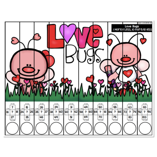 February math puzzle worksheet with pink ladybugs and hearts, featuring 10 columns with numbers to find 1/10 more or less, blank circles below for answers