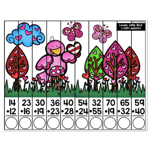 2-Digit Addition math puzzle worksheet with colorful bird and garden scene, featuring ten addition problems with empty circles for answers