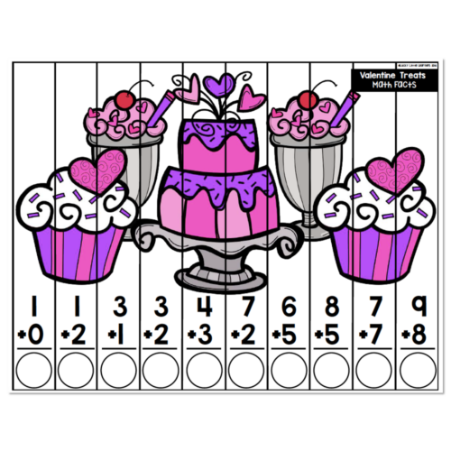 Valentine Treats Math Facts puzzle worksheet with ten addition problems featuring cupcakes, cake, and flowers with blank circles for answers