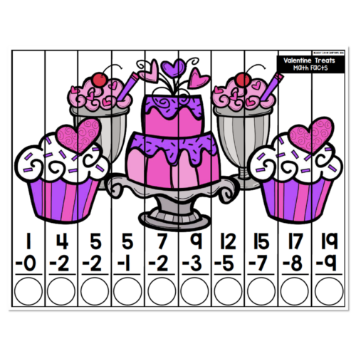 Math puzzle worksheet featuring Valentine treats and subtraction facts with cupcakes, cake, and flowers; students solve problems and fill in answer circles
