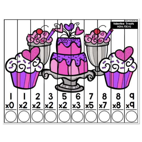Valentine-themed math facts puzzle worksheet featuring cupcakes, cake, and flowers with multiplication problems (0x0 through 9x9) and answer circles below each equation