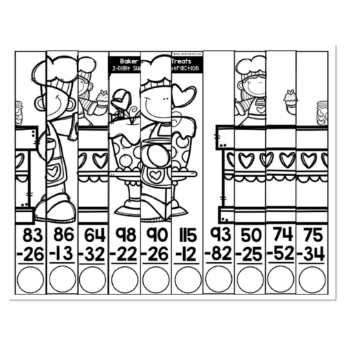 Two-digit subtraction math puzzle worksheet with baker and treats theme, featuring ten subtraction problems with circles below for answers, black and white line art illustrations