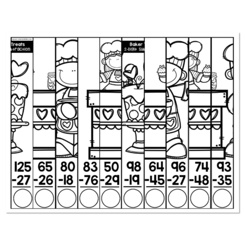 Coloring worksheet featuring a baker-themed math puzzle with 10 columns of 2-digit subtraction problems, blank circles for answers, and black line illustrations of bakers and treats