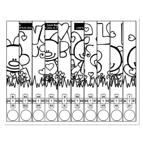 Ten-column math puzzle worksheet featuring Love Bug theme with addition and subtraction problems involving 10 more and 10 less, circles for answers, kindergarten to 2nd grade