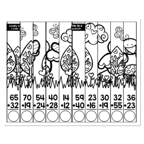 Two-digit addition math puzzle worksheet with ten subtraction problems in columns and a Little Bird theme with hearts and nature illustrations, answer blanks below each problem