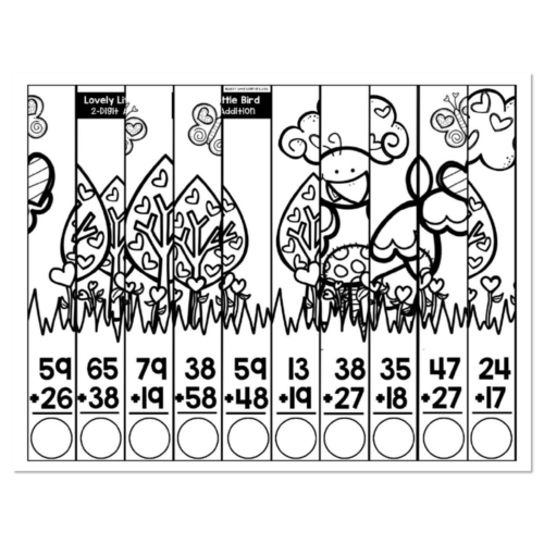 Worksheet featuring ten 2-digit addition problems with empty answer circles, decorated with a cute bird and heart-themed garden illustration for February practice
