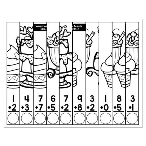 Valentine Treats math facts puzzle worksheet with ten columns featuring ice cream cone illustrations and addition problems to solve, with blank circles for answers