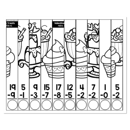 Valentine treats-themed math puzzle with ten columns showing ice cream and candy illustrations above subtraction problems with blank circles for answers