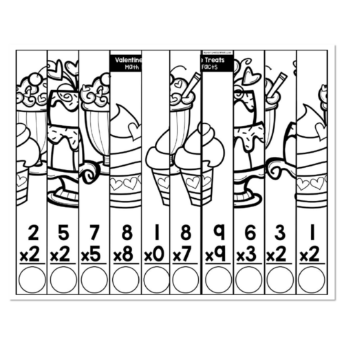 Coloring worksheet puzzle featuring Valentine candy treats with multiplication facts below each image, numbered 2x2 through 9x9, with blank circles for answers