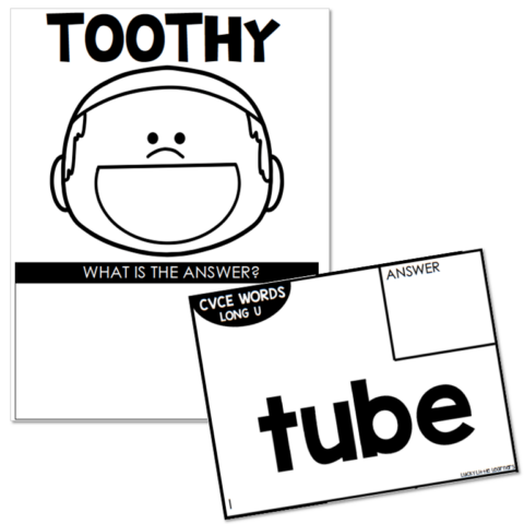 Kindergarten- ELA Toothy Task Cards - CVCE - long U - Lucky Little Learners