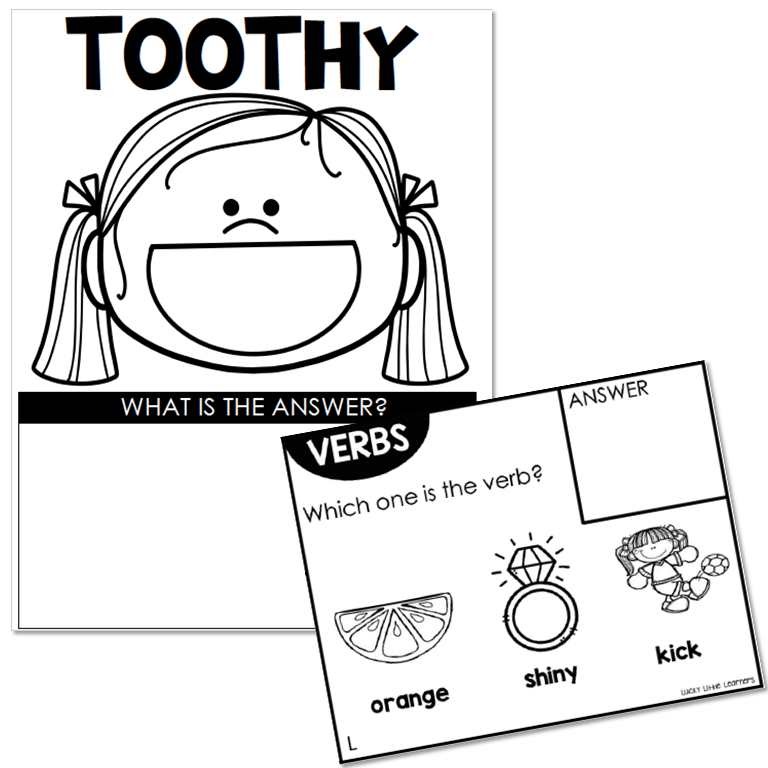 Kindergarten- ELA Toothy Task Cards - Verbs - Lucky Little Learners
