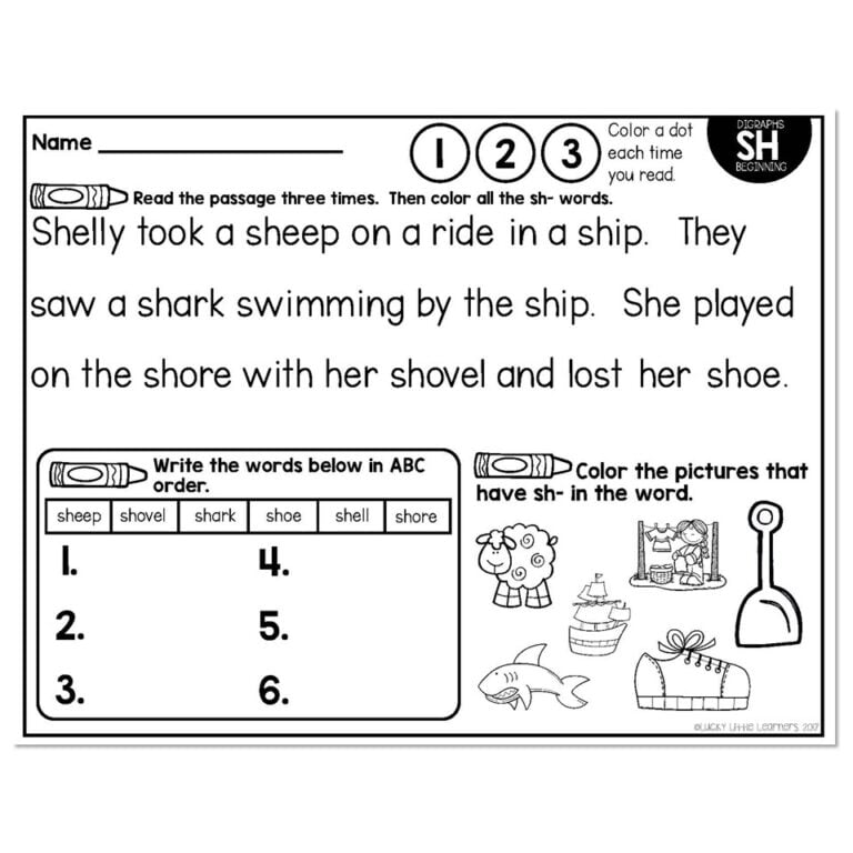 SH Beginning - Digraphs Phonics Mats 1st Grade - Lucky Little Learners